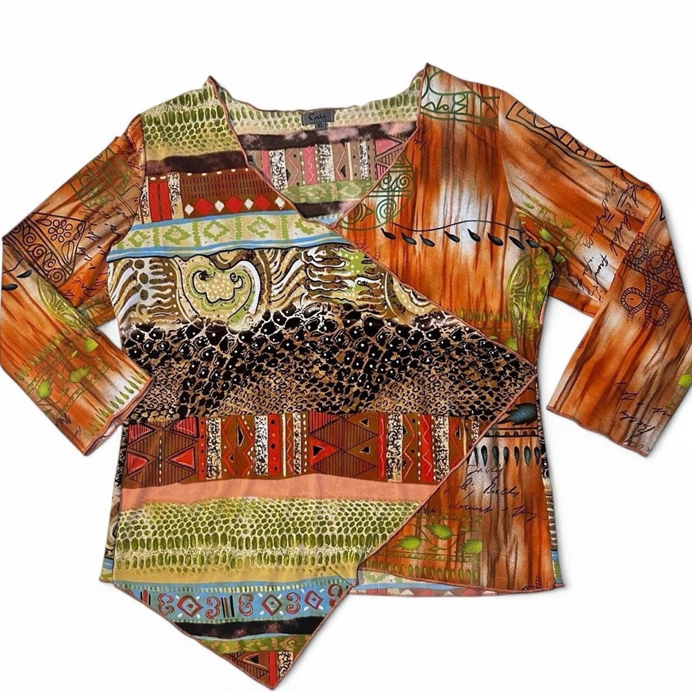 90s Caia colorful Boho chic asymmetrical wrap artisan long sleeve graphic top